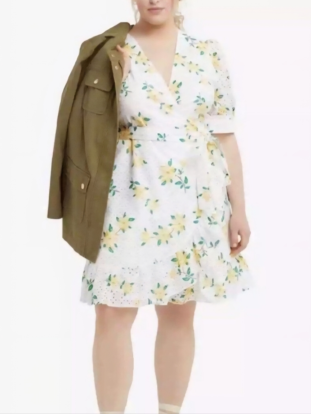 Draper James White Yellow Floral Knee-Length Eyelet Wrap Dress Rare Plus Size 20